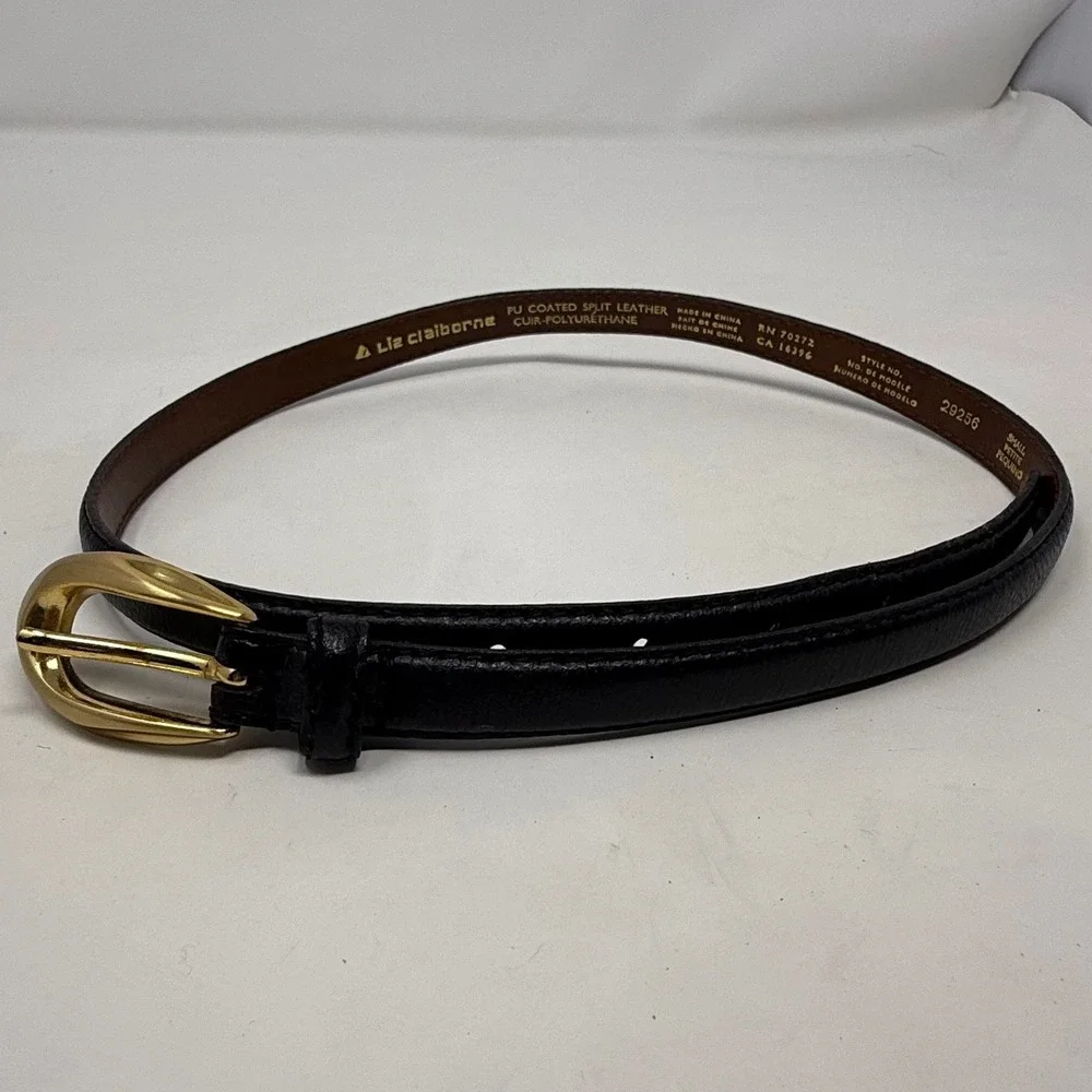 VTG Liz Claiborne Black Skinny Belt Gold‎ Buckle Small 29256 Textured Leather